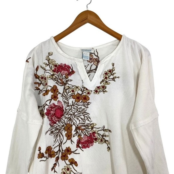 Sundance Embroidered Floral Thermal Top Boho Waffle Knit Ivory Long Sleeve Sz M - Picture 4 of 8